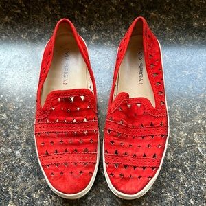 Red slip on tennis shoes sneakers